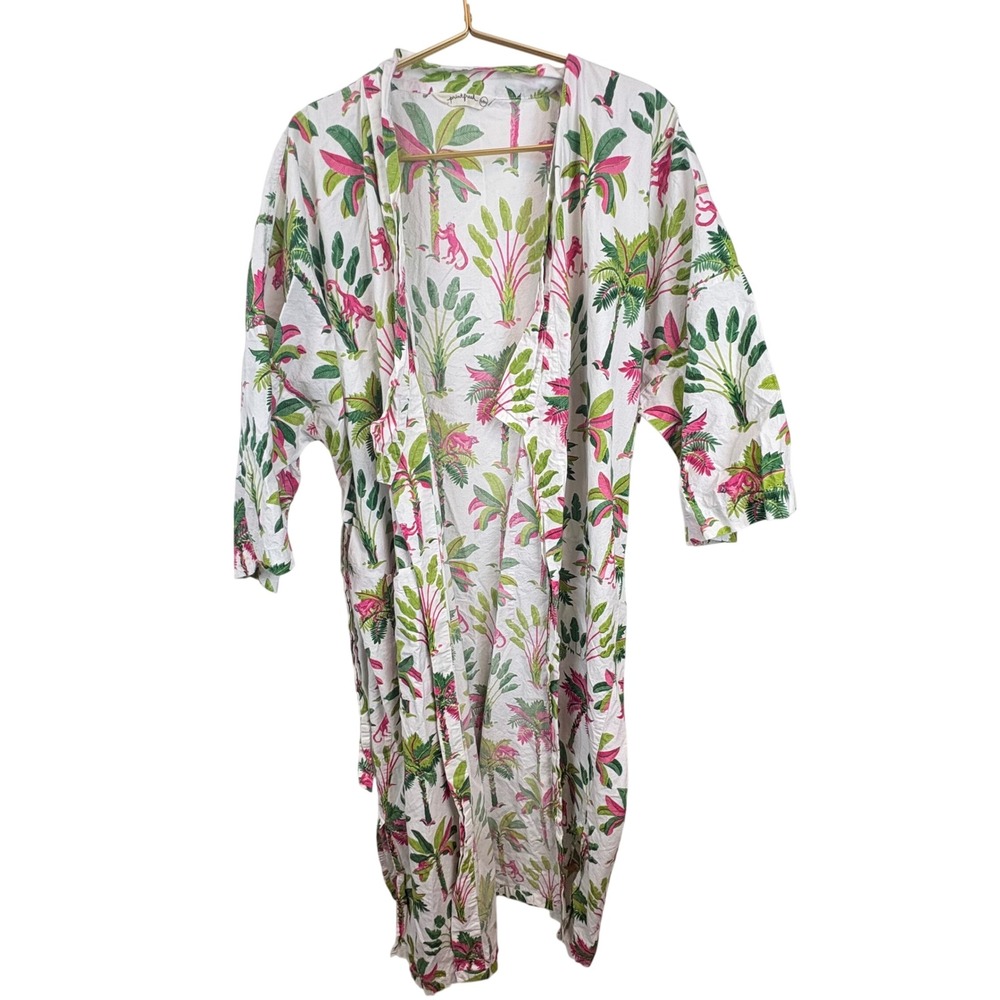 Printfresh Tropical Monkey Organic Cotton Robe White Pink Green Long Sleeve L/XL